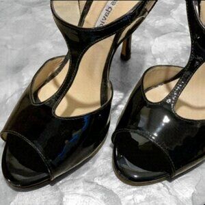 Charles David Black Patent T-Strap Peep Toe Heels 4.5” Stiletto Size 8